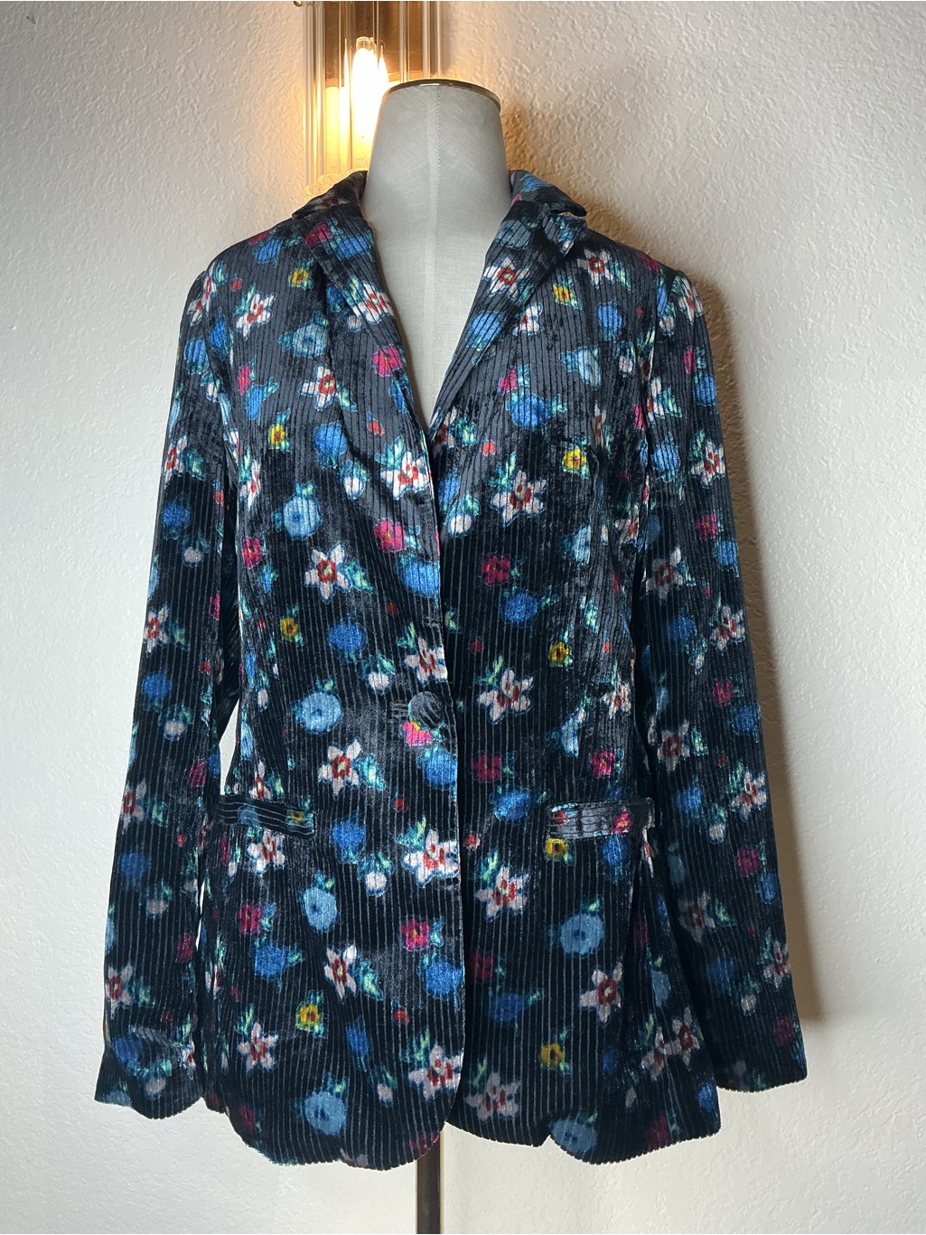 Anthropologie Black Velvet Floral Jacket With Blue & Pink Blooms